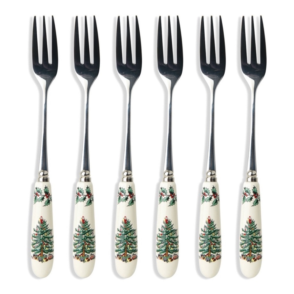 Spode Christmas Tree Pastry Fork Set - Green and Cream - 5 Forks